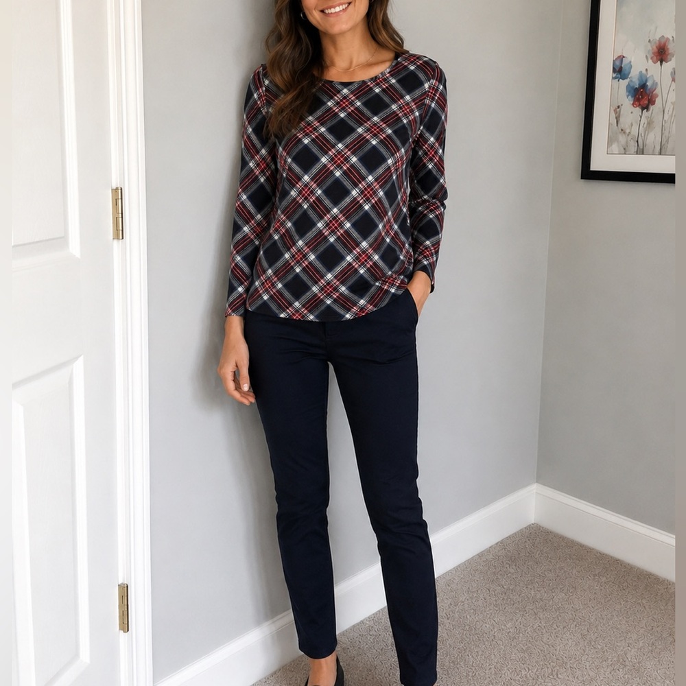Talbots Plaid Long Sleeve Top in Black, Red & White
